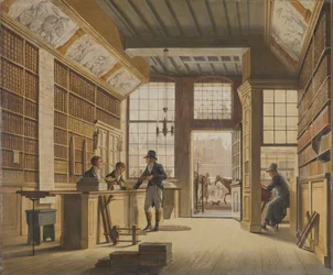 La tienda del librero Pieter Meijer Warnars en el Vijgendam en Ámsterdam, 1820